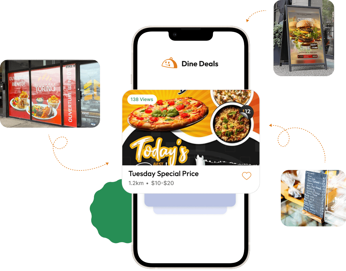 Dine Deals app showing storefront deal feed on phone